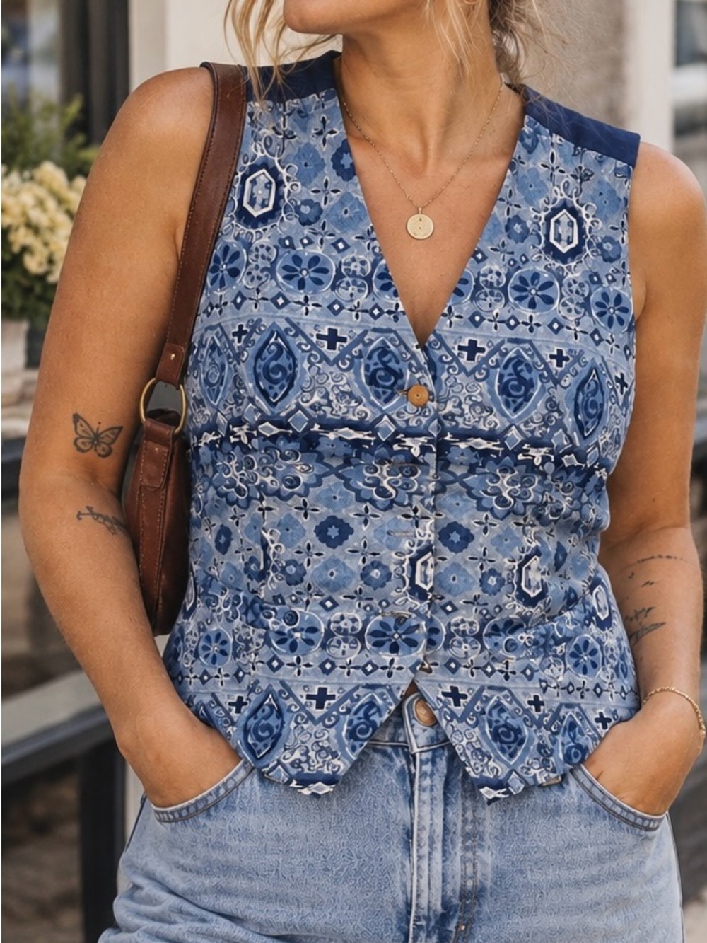 Vintage Arizona Jean Company Blue Patterned V-Neck vest Top size medium